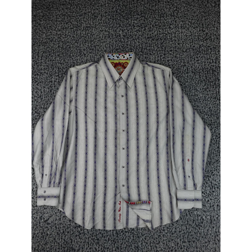 Robert Graham Button Down Shirt Mens XL White Purple Euro Stripe Long Sleeve